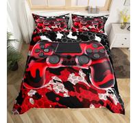 Kids Gamer Bedding Set Red Black Camouflage Gaming Bedding Duvet Cover Set for Boys Girls Camo Video Game Game Controller Comforter Cover Set Hexagon Geometric Bedspread Cover 3Pcs Double Size