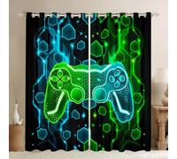 Kids Gamer Curtains Game Controller Darkening Drapes W46*L54 Boys Honeycomb Gaming 30%-50% Blackout Curtains Gamepad Hexagon Pattern Green Teal Blue Window Treatments