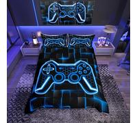 Kids Gamer Duvet Cover Double Size Blue and Black Bedding Set for Boys Teens Decor Honeycomb Gaming Ombre Comforter Cover Set Geometric Square Bedspread Cover 3PCS