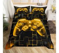 Kids Gamer Duvet Cover Set Single Size, Black Gold Grid Game Console Comforter Cover, Video Gaming Bedding Set for Boys Teen Room Decor, Reversible Gamepad Bedspread Cover, 1 Pillowcase, No Comforter