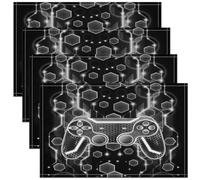 Kids Gamer Table Place Mats Game Controller Placemat 45X30cm Honeycomb Gaming Gifts Washable Fabric Table Mats Placemat Beehive Gamepad Pattern Silver and Black Table Mats