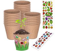 Kids Gardening Set 24 Pcs Fibre Seed Pots Biodegradable Seedling Pots with 12 Sheet Stickers and 4 EVA Grass Garden Paper Pot Art Craft for Seedlings Transplanting Flower Planting Growing Kit