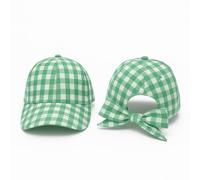 Kids Gingham Bow Baseball Cap - Adjustable Cotton Hat for Boys & Girls - Red, Green, Yellow & Blue Check Pattern with Cute Back Bow School Hat