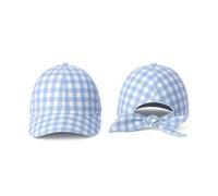 Kids Gingham Bow Baseball Cap - Adjustable Cotton Hat - Red, Green, Yellow & Blue Check Pattern with Cute Back Bow School Hat