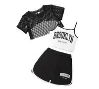 Kids Girl 3 Pcs Sports Outfit Hooded Short Sleeve Crop Tank Top Fishnet Summer Outfit Activewear with Shorts Gymnastics Workout Outfits Tracksuit Black