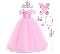 Kids Girl Cinderella Costume Fairy Princess Fancy Dress Up Butterfly Decor Off Shoulder Tulle Maxi Long Dress with Accessories for Halloween Birthday Christmas Party Carnival Cosplay Pink 9-10 Years