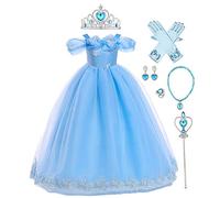 Kids Girl Cinderella Costume Fairy Princess Fancy Dress Up Butterfly Decor Off Shoulder Tulle Maxi Long Dress with Accessories for Halloween Birthday Christmas Party Carnival Cosplay Blue 5-6 Years