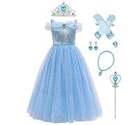 Kids Girl Cinderella Costume Fairy Tale Princess Fancy Dress Up Halloween Carnival Cosplay Christmas Birthday Party Off Shoulder Butterfly Tulle Maxi Prom Gown with Accessories Blue Cinderella 4-5Y