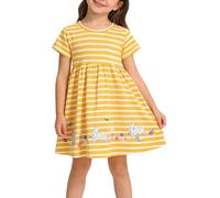 Kids Girl Easter Dress Short Sleeve Cute Bunny Graphic Sundress Summer Striped Pleated Dresses Spring Cotton Outfit Casual Beach Holiday A-Lined Clothes (Yellow, 3-4 Years)