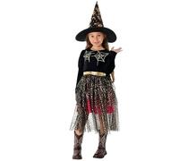 Kids Girl Halloween Witch Costumes Set Girls Fairy Tutu A-Line Mesh Layered High Elastic Waist Halloween Dress with Hat Fancy Dress Up for World Book Day Performance Cosplay Costume (Black, L)