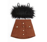 Kids Girl Outfit Strap Feather Crop Top Sleeveless Solid Color Mini Faux Fur Camisole Baby Girl Clothes Set, Solid Color Feather Sleeveless Camisole + High-Waist Button A (Black , 5-6 Years )