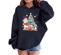 Kids Girl Xmas Jumpers Christmas Tree Graphic Hooded Sweatshirt, Casual Oversized Hoody Pullover Long Sleeve Tops Fall Winter Holiday Party Clothing Navy 9 Years