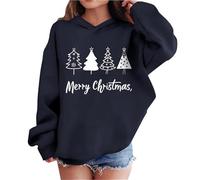Kids Girl Xmas Jumpers Christmas Tree Graphic Hooded Sweatshirt, Casual Oversized Hoody Pullover Long Sleeve Tops Fall Winter Holiday Party Clothing Navy 13 Years