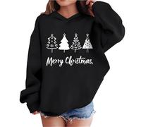 Kids Girl Xmas Jumpers Christmas Tree Graphic Hooded Sweatshirt, Casual Oversized Hoody Pullover Long Sleeve Tops Fall Winter Holiday Party Clothing Black 13 Years