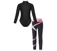 Kids Girls 2 Piece Outfits Gymnastics Clothes Set Dance Leotards Unitard | Long Sleeve, Mock Neckline, Colorblock Leggings, Stretchy, Figure Ice Skating, Competition