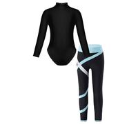 Kids Girls 2 Piece Outfits Gymnastics Clothes Set Dance Leotards Unitard | Long Sleeve, Mock Neckline, Colorblock Leggings, Stretchy, Figure Ice Skating, Competition