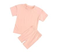 Kids Girls 2 Pieces Summer Outfit Cotton Short Sleeve T-Shirts Casual Pants Sets Elastic High Waist Shorts Straight Leg Loose Fit Shorts Stylish Solid Plain Clothing Sets (Pink, 7-8 Years)