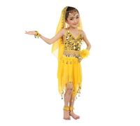 Kids Girls 2Pcs Indian Belly Dance Outfits Fancy Dress Indian Dance Performance Costume Bandage Tank Top Skirt Suit Set Comfy Dress Up Indian Carnival Princess Outfit Dancewear (Yellow, 5-9 Years)