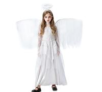 Kids Girls Angel Costume Halloween Costume Medieval Gothic Angel Dark Princess Dresses Lace Tiered Maxi Dress with Wing and Headband World Book Day Carnival Cosplay Outfit 3-8 (White, 3-4 Years)
