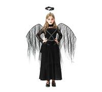 Kids Girls Angel Costume Halloween Costume Medieval Gothic Angel Dark Princess Dresses Lace Tiered Maxi Dress with Wing and Headband World Book Day Carnival Cosplay Outfit 3-8 (Black, 7-8 Years)