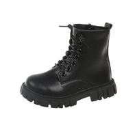 Kids Girls Ankle Boots Lace-Up Side Zippers Combat Booties Faux Leather Short Boots Non-Slip Fall Winter Shoes for School Black