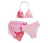 Kids Girls Bikini 3 Piece Set Sky Blue Tropical Floral Halter Triangle Swim Top Mid Rise Swim Briefs Matching Cover Up Sarong Cute Kids Swimming Costume Beach Holiday Girls Swimsuits Casual Swimwear