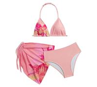 Kids Girls Bikini 3 Piece Set Sky Blue Tropical Floral Halter Triangle Swim Top Mid Rise Swim Briefs Matching Cover Up Sarong Cute Kids Swimming Costume Beach Holiday Girls Swimsuits Casual Swimwear