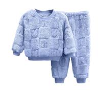 Kids Girls Boy Winter Flannel Pajama Set Long Sleeve Thermal Fleece Lined Top and Solid color Pants 2-Piece Outfit, Cozy and Warm Homewear for Boys and Girls (Blue, 6-12 Months)