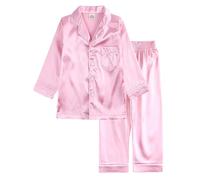 Kids Girls Boy Winter Silk Pajama Set Long Sleeve Thermal Long Sleeve Button-Down Top and Solid Color Pants Silky 2-Piece Outfit Satin Pyjamas Sets Cozy Nightwear Homewear for Toddler Boys Girls Pink