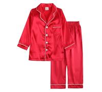 Kids Girls Boy Winter Silk Pajama Set Long Sleeve Thermal Long Sleeve Button-Down Top and Solid Color Pants Silky 2-Piece Outfit Satin Pyjamas Sets Cozy Nightwear Homewear for Toddler Boys Girls Red