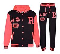 Kids Girls Boys Hooded Baseball Varsity Neon Pink Tracksuit Hoodie Bottom Jogger