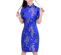 Kids Girls Chinese Summer Dress Cheongsam Short Sleeve Stand Up Collar Chinese Traditional Style Qipao Floral Print Dragon Phoenix China Party Children Cheongsam Blue