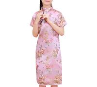 Kids Girls Chinese Summer Dress Cheongsam Short Sleeve Stand Up Collar Chinese Traditional Style Qipao Floral Print Dragon Phoenix China Party Children Cheongsam Pink