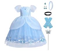 Kids Girls Cinderella Dress With Accessories Puff Sleeve Elegant Flower Princess Dress Christmas Halloween Cosplay Fairy Dress Outfits Masquerade Birthday Party Fancy Dress Up Costumes Clothes