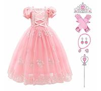 Kids Girls Cinderella Rapunzel Fancy Dress up Costume Elegant Off Shoulder Princess Birthday Carnival Christmas Halloween Wedding Lace Tulle Long Dress Light Pink (with Accessories) 7-8 Years