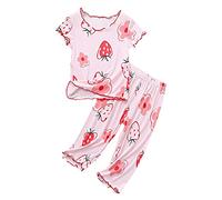 Kids Girls Cotton Pajamas Set Strawberry Pattern Wooden Ear Edge Short Sleeve Top+Pants Sleepwear Pjs Loungewear Christmas Pajamas for Girls (Pink, 2-3 Years)