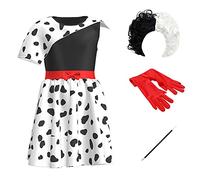 Kids Girls Cruella Deville Costume 101 Dalmatian Dog Dress Halloween Carnival Cosplay Fancy Dress Up Party Movie Character Birthday Gown+Wig+Gloves+The Pole 5PCS Outfit Black+red 5-6 Years