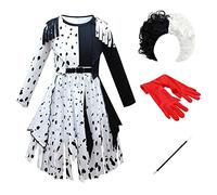 Kids Girls Cruella Deville Costume 101 Dalmatian Dog Dress Halloween Carnival Cosplay Fancy Dress Up Party Movie Character Birthday Gown Coat 4PCS Outfit Black+red-Tassel 9-10 Years