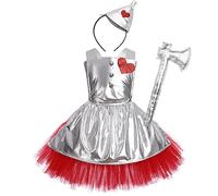 Kids Girls Dorothy Tin Man Lion Scarecrow Halloween Dress Up Costume Children Movie Theme Role Play Tutu Dress with Apron Headband Accessory Fancy Carnival Christmas Cosplay Outfit Silver 5-6 Years