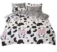 Kids Girls Double Cow Print Duvet Cover Set - Stripe Decor Modern Soft Reversible Comforter Set For Teen Boys - 3 Pcs Cartoon Animal Decor Children Bedding Set