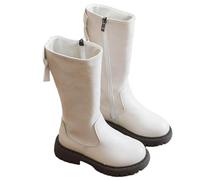 Kids Girls Fall Winter Warm Knee High Boots, Stylish Princess Shoes Round Toe Side Zipper Combat Boots Lug Sole Stretch School Outdoor Footwear White Size UK 1