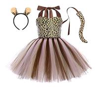 Kids Girls Fancy Wild Animal Cosplay Dress Toddlers Jungle Theme Dress up Costume Set with Hair Hoop Tail Halloween Carnival Christmas Birthday Photo Shoot Outfits Brown-pink 5-6 Years