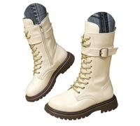 Kid's Girls Faux Leather Lace-Up Zipper Mid Calf Combat Riding Winter Boots | Waterproof PU Leather Side Zipper Lug Sole Punk Goth Winter Boots with Cushioned Footbed Flexible TPR Outsole for Dress Up