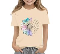 Kids Girls Flower Bow Graphic Tshirts Short Sleeve Crew Neck Cute Pattern Loose Soft Tees Tops Blouse Girls Summer Casual Sport Lightweight Preppy Outfits Athletic Clothes (Beige, 10-11Years)