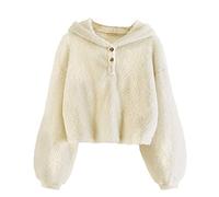 Kids Girl's Fuzzy Hoodies Long Sleeve Cropped Sweatshirts Solid Color Warm Loose Button Down Hooded Pullover Sherpa Fleece Jacket Top Fall Winter Clothes (Beige, 10-12 Years)