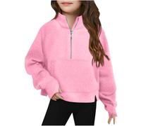 Kids Girls Half Zip Jumpers Stand Collar Pullover Sweatshirt Without Hood Solid Fleece Sweatshirt with Thumb Hole Teen Girl's Autumn and Winter Hiking School Outwear Age 5-14 Years
