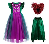 Kids Girls Halloween Dress Up Witch Costume Winifred Mary Sarah Sanderson Costume Birthday Party Christmas Carnival Cosplay Role Play Outfits Fancy Tulle Dress with Cape Wig Green+Brown 7-8 Years