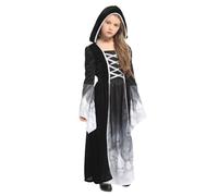 Kids Girls Halloween Witch Costume Gothic Medieval Hooded Cape Gown Flare Sleeve Lace Up Princess Maxi Dress Fancy Dress Up for Halloween Cosplay Outfit World Book Day Carnival (Black, M)