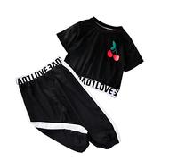 Kids Girl's Hip-Hop Street Dance Outfits 2Pcs Tracksuits with Cherry Embroidery Logo Plain Girl's Sweat Set with Letter Pattern Fashion Casual Hip Hop Pants Girls T-shirt and Sweatpant Tracksuit Girls