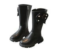 Kids Girls Knee High Riding Boots Classic Leather Warm Boot with Side Zippers Teen Girls Non lip Flat Boots with Bow Fall Winter Warm High Boot (Black, 1.5 Big Kids)